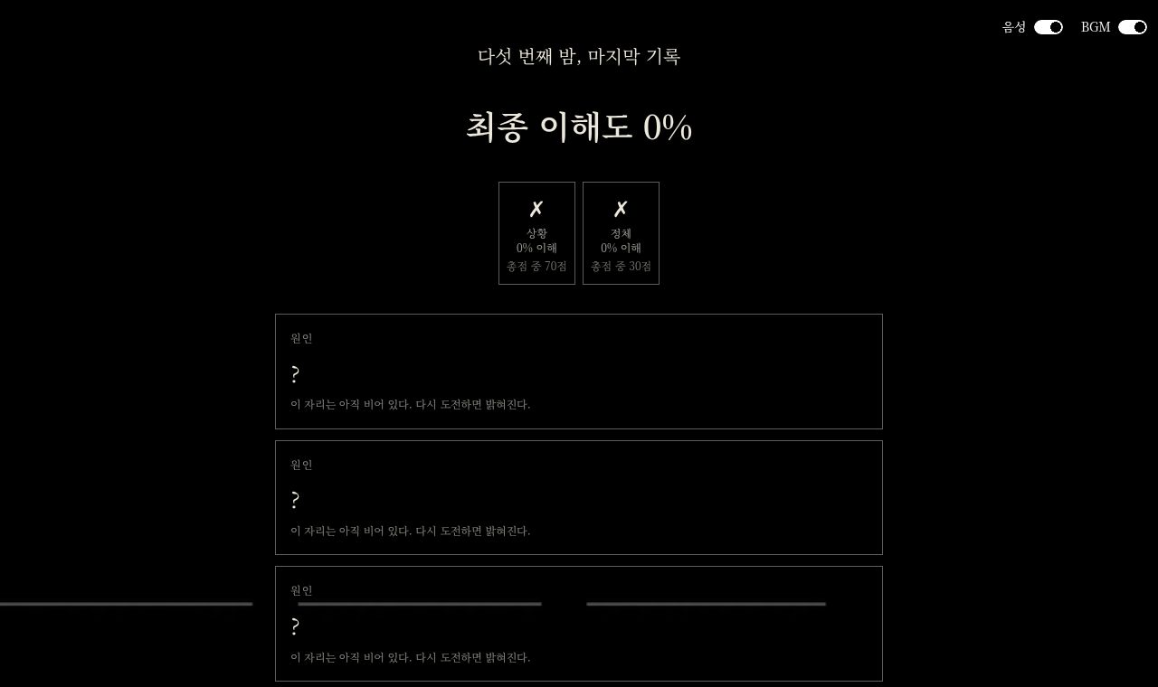 다섯 번째 밤, 마지막 기록. 최종 이해도와 상황·정체 칸, 원인 카드